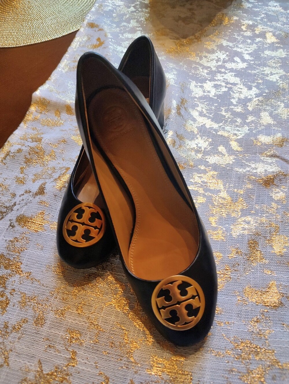 Tory Burch Black Leather Heels with Gold Logo Medallion